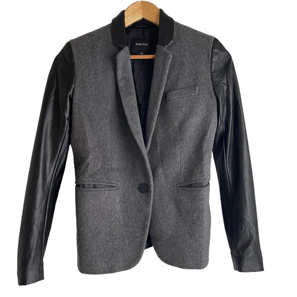 Babaton Charcoal Grey Wool Blazer with Black Faux Leather Sleeves Size 0